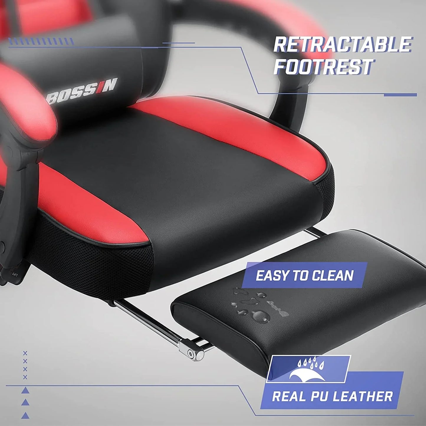 Bossin Gaming Chairs with Footrest, Massage Leather Game Chair for Adults, Big and Tall Gamer Chair with Headrest and Lumbar Support