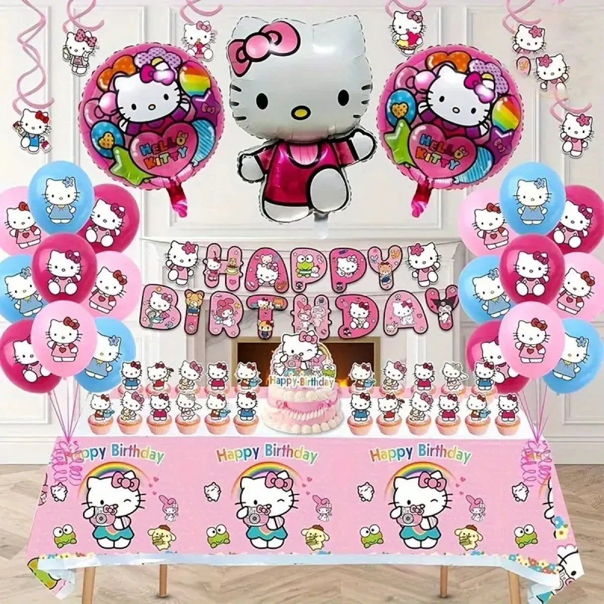 ZOOUSQII Hello Kitty Birthday Party Supplies, Party Decorations Set Include Plates Napkins Banner Balloons Cake Toppers Tableware Party Supplies for Boys Girls Birthday Party PD221-029
