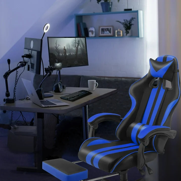 SOONTRANS Blue Gaming Chair with Footrest, High Back Office Chair with Massage Lumbar Pillow, Game Gamer Chairs for Adults s, Navy Blue
