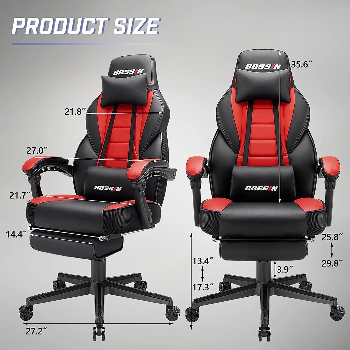 Bossin Gaming Chairs with Footrest, Massage Leather Game Chair for Adults, Big and Tall Gamer Chair with Headrest and Lumbar Support