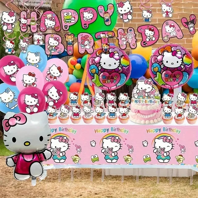 ZOOUSQII Hello Kitty Birthday Party Supplies, Party Decorations Set Include Plates Napkins Banner Balloons Cake Toppers Tableware Party Supplies for Boys Girls Birthday Party PD221-029