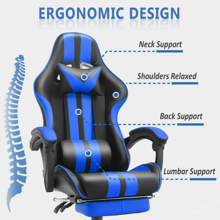 SOONTRANS Blue Gaming Chair with Footrest, High Back Office Chair with Massage Lumbar Pillow, Game Gamer Chairs for Adults s, Navy Blue