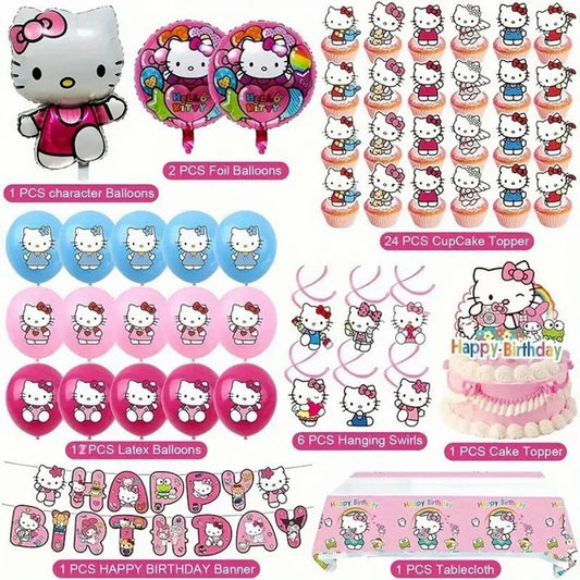 ZOOUSQII Hello Kitty Birthday Party Supplies, Party Decorations Set Include Plates Napkins Banner Balloons Cake Toppers Tableware Party Supplies for Boys Girls Birthday Party PD221-029