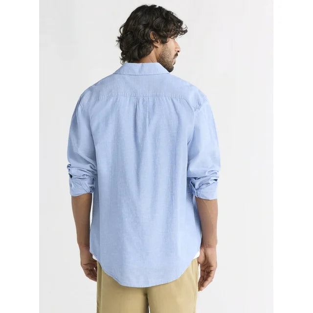 Free Assembly Men's Linen Blend Button Front Shirt with Long Sleeves, Sizes XS-3XL
