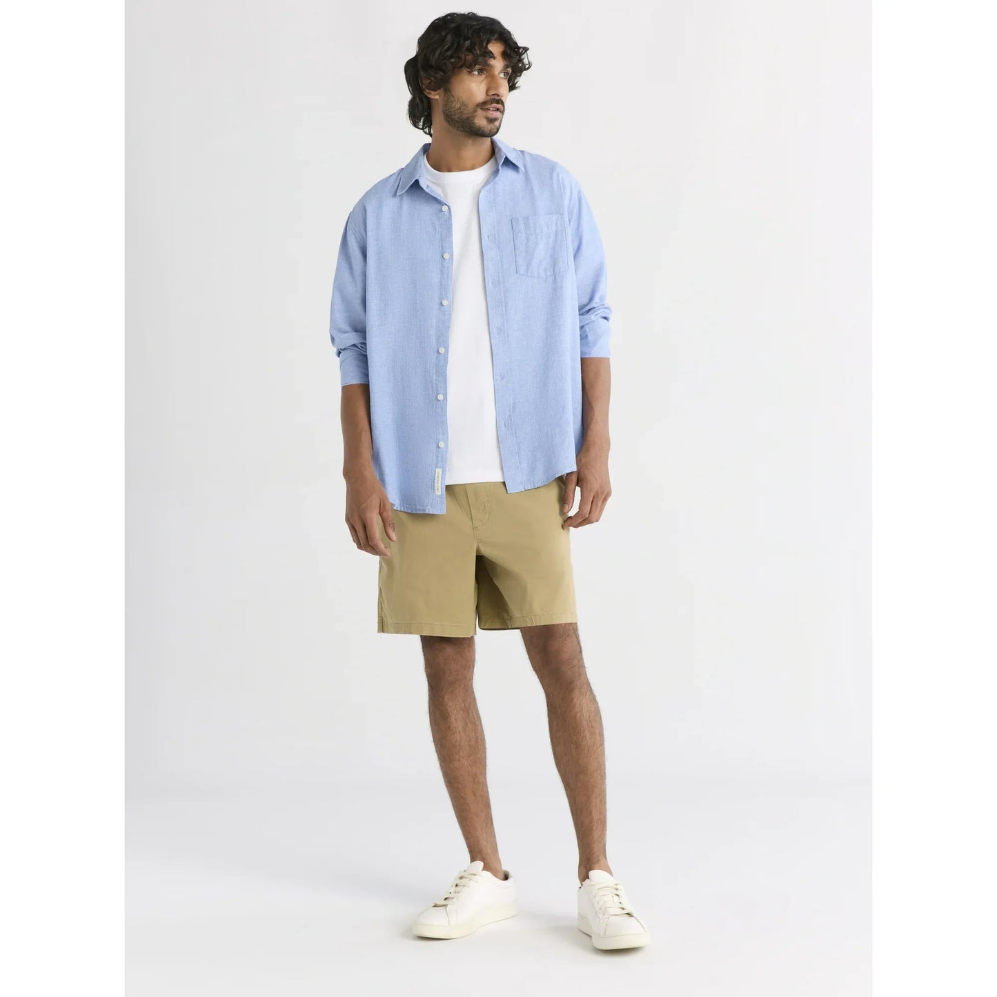 Free Assembly Men's Linen Blend Button Front Shirt with Long Sleeves, Sizes XS-3XL